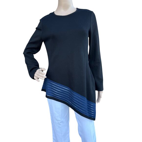St. John Tunic Sweater S Black Wool Asymmetrical Hem Blue Stripe Pre-Fall 2016 - Picture 1 of 10
